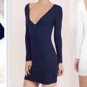 Navy Blue Long Sleeve Deep V Party dress